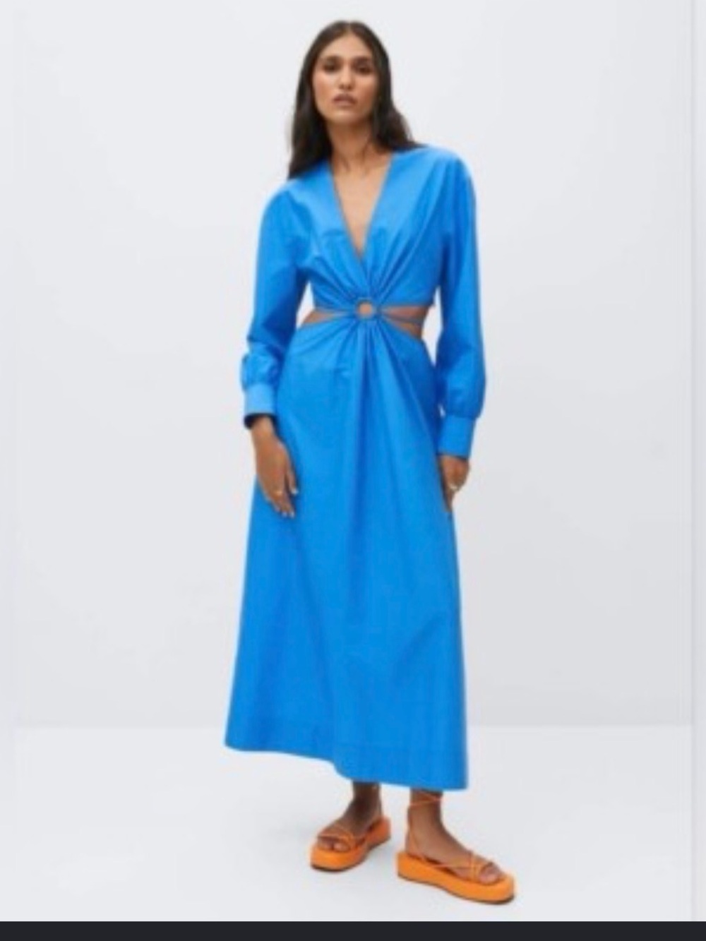 Mango 100 % cotton Vibrant Blue Long Sleeve Cutout Midi Dress